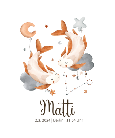 Personalisierstes Geburtsposters mit Sternzeichen - Motiv Fisch