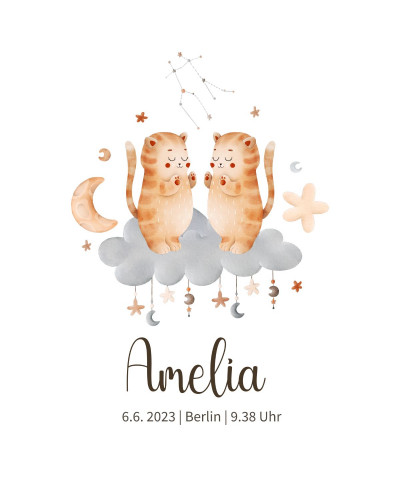 Personalisiertes Geburtsposter mit Sternzeichen - Motiv Zwillinge