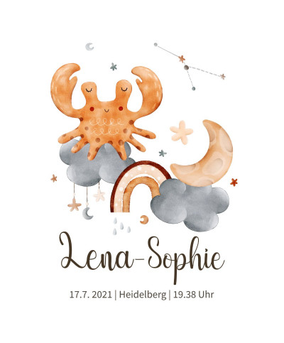 Personalisiertes Geburtsposter mit Sternzeichen - Motiv Krebs