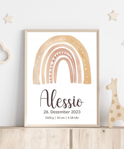 Personalisiertes Geburtsposter mit Regenbogen - Farbe beige