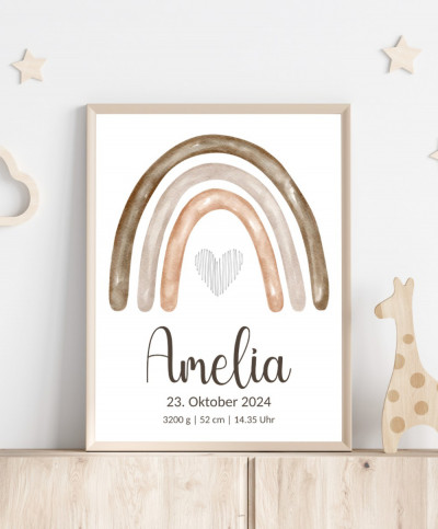 Personalisiertes Geburtsposter mit Regenbogen - Farbe beige-braun