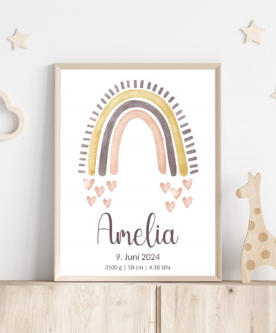 Personalisiertes Geburtsposter mit Regenbogen - Farbe beige-gold