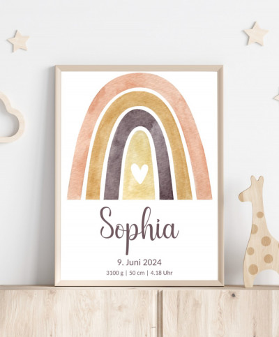 Personalisiertes Geburtsposter mit Regenbogen - Farbe beige-gold mit herz