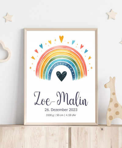 Personalisiertes Geburtsposter mit buntem Regenbogen
