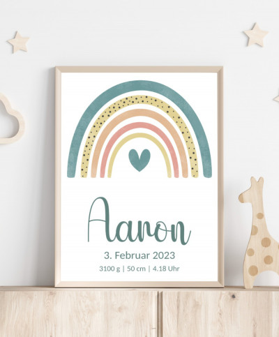 Personalisiertes Geburtsposter mit Regenbogen - Farbe gelb-mint