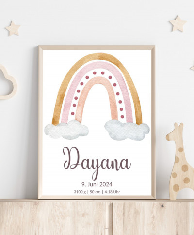 Personalisiertes Geburtsposter mit Regenbogen - Farbe Gold mit rosa Wolken