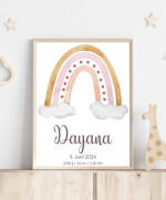 Personalisiertes Geburtsposter mit Regenbogen - Farbe Gold mit rosa Wolken