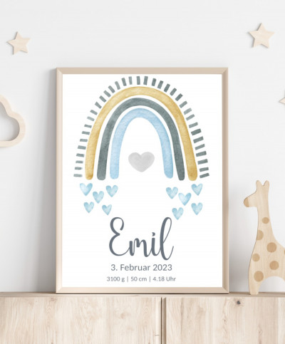 Personalisiertes Geburtsposter mit Regenbogen - Farbe grau blau gold