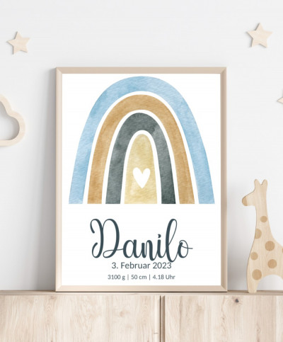 Personalisiertes Geburtsposter mit Regenbogen - Farbe hellblau-gold