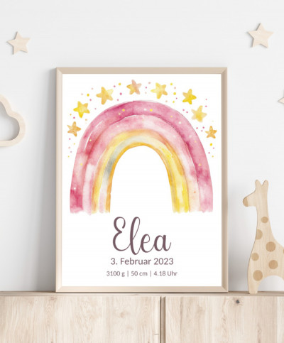 Personalisiertes Geburtsposter mit Regenbogen - Farbe pink-gelb