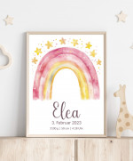 Personalisiertes Geburtsposter mit Regenbogen - Farbe pink-gelb