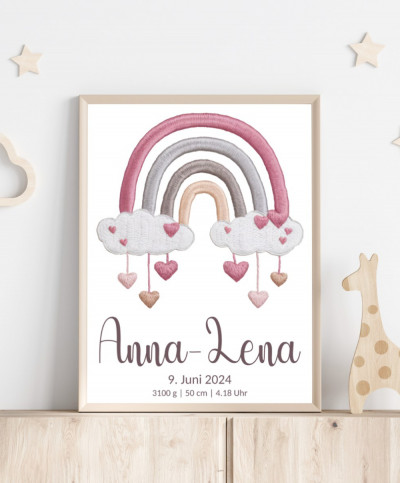 Personalisiertes Geburtsposter mit Regenbogen - Farbe pinke Stickerei