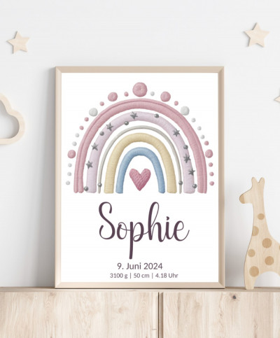 Personalisiertes Geburtsposter mit Regenbogen - Farbe rosa Stickerei