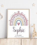 Personalisiertes Geburtsposter mit Regenbogen - Farbe rosa Stickerei