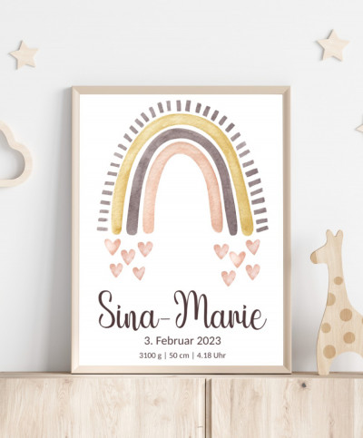 Personalisiertes Geburtsposter mit Regenbogen - Farbe rose-braun