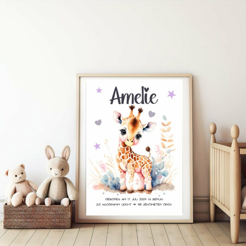 Personalisiertes Geburtsposter | Motiv Giraffe