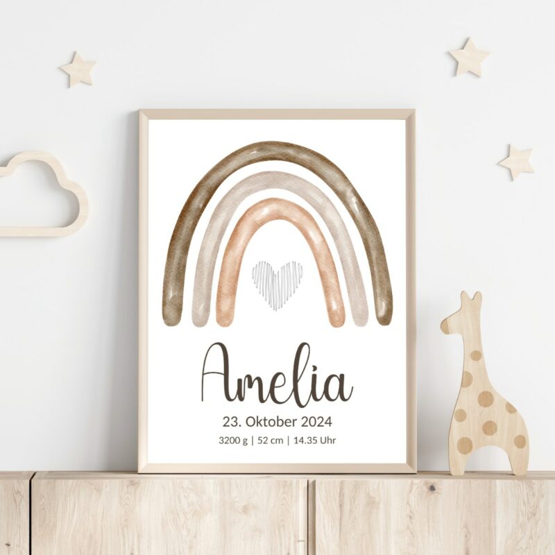 Personalisiertes Geburtsposter | Regenbogen beige braun