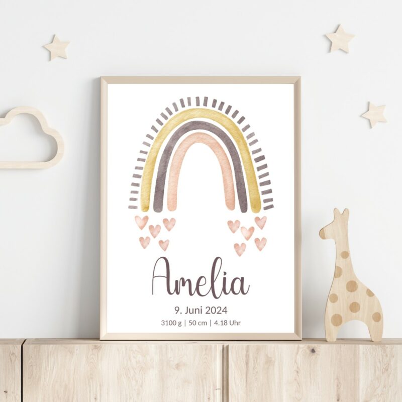 Personalisiertes Geburtsposter | Regenbogen beige gold