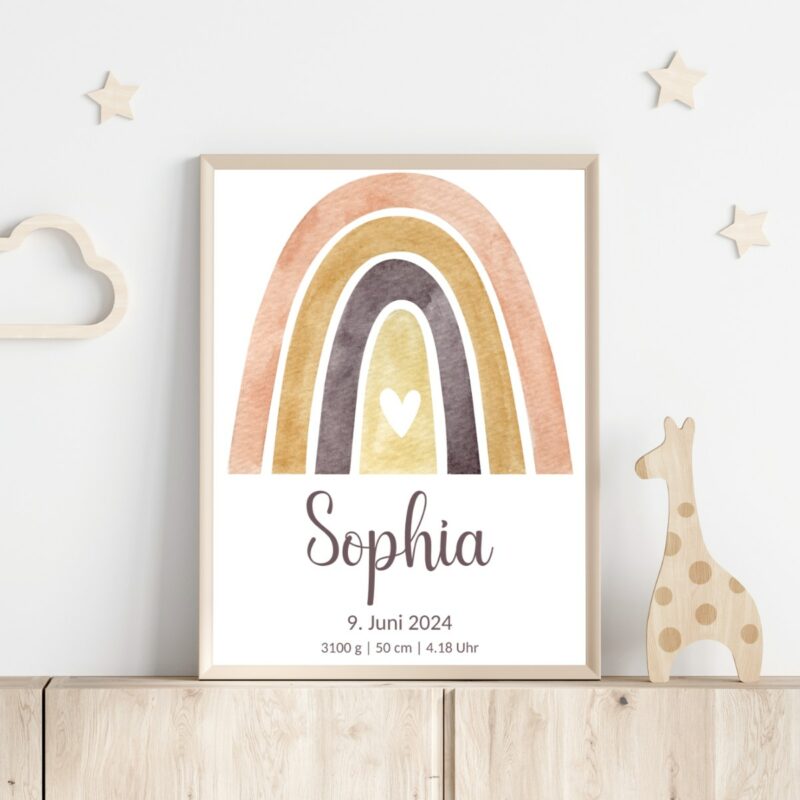 Personalisiertes Geburtsposter | Regenbogen mit Herz beige-gold