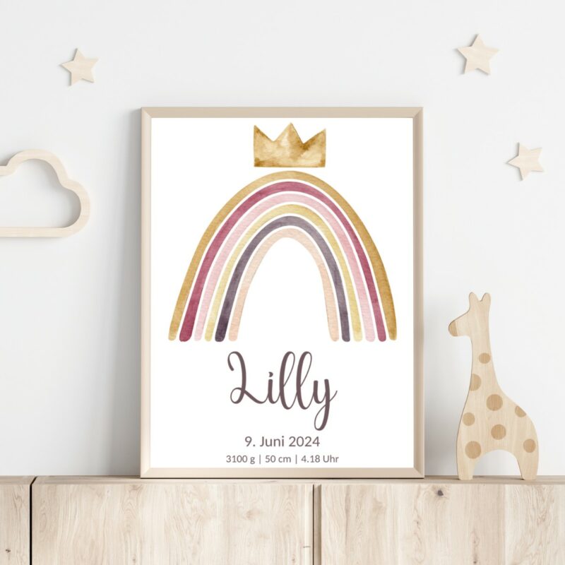 Personalisiertes Geburtsposter | Regenbogen mit Krone beige