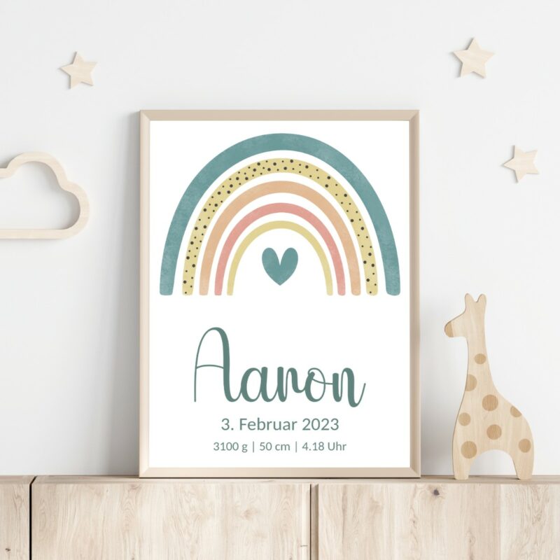 Personalisiertes Geburtsposter | Regenbogen gelb-mint