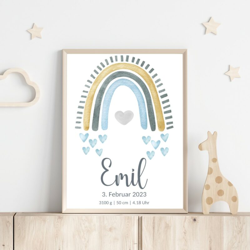 Personalisiertes Geburtsposter | Regenbogen grau-blau-gold
