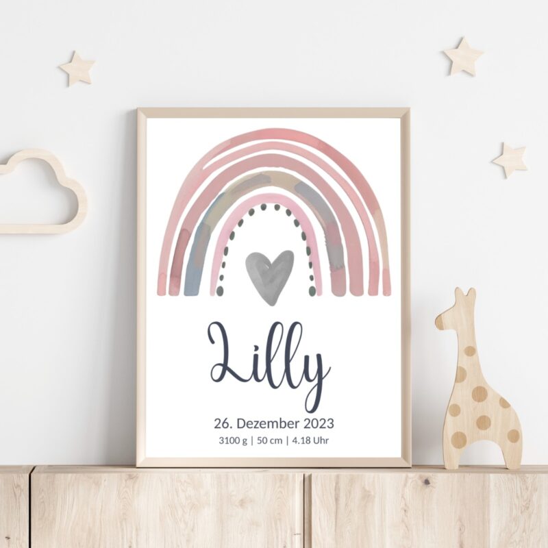 Personalisiertes Geburtsposter | Regenbogen grau-rosa