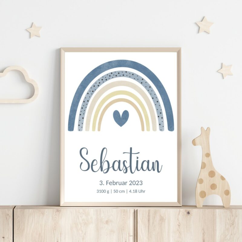 Personalisiertes Geburtsposter | Regenbogen hellblau