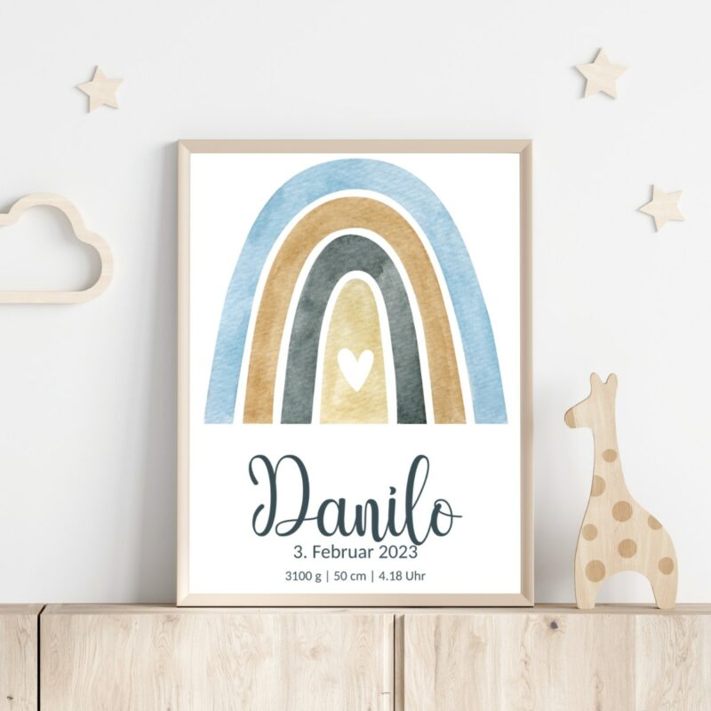 Personalisiertes Geburtsposter | Regenbogen hellblau-gold