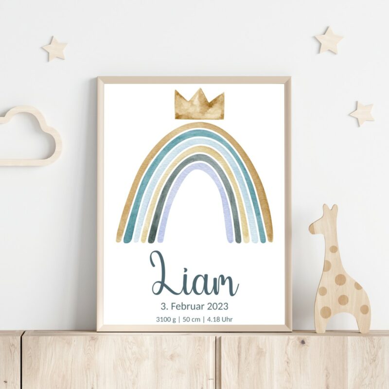 Personalisiertes Geburtsposter | Regenbogen mit Krone gold