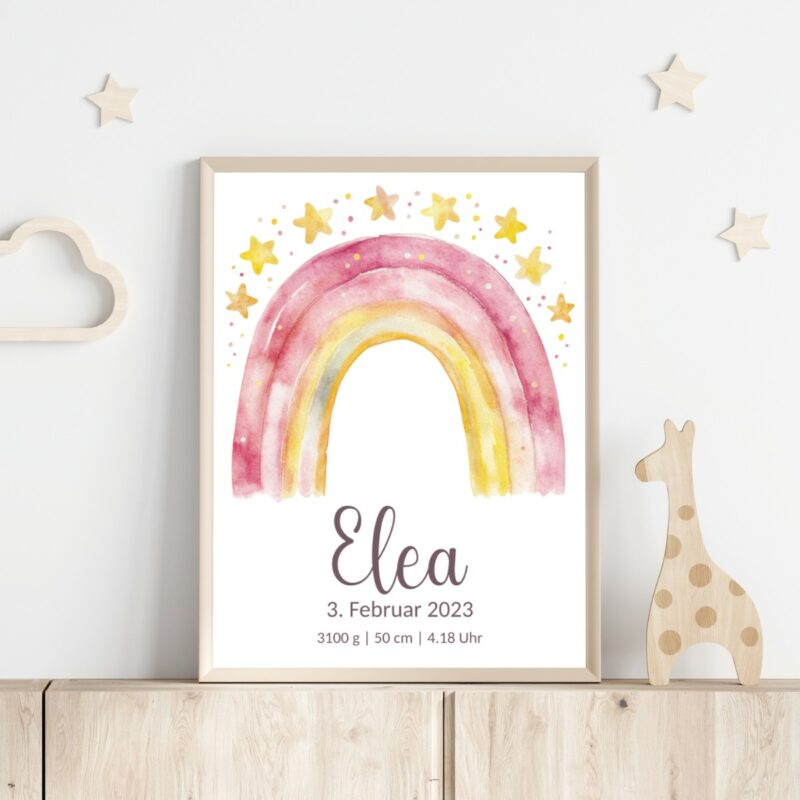 Personalisiertes Geburtsposter | Regenbogen pink-gelb