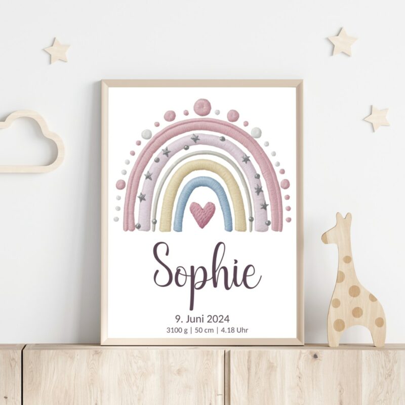 Personalisiertes Geburtsposter | Regenbogen rosa