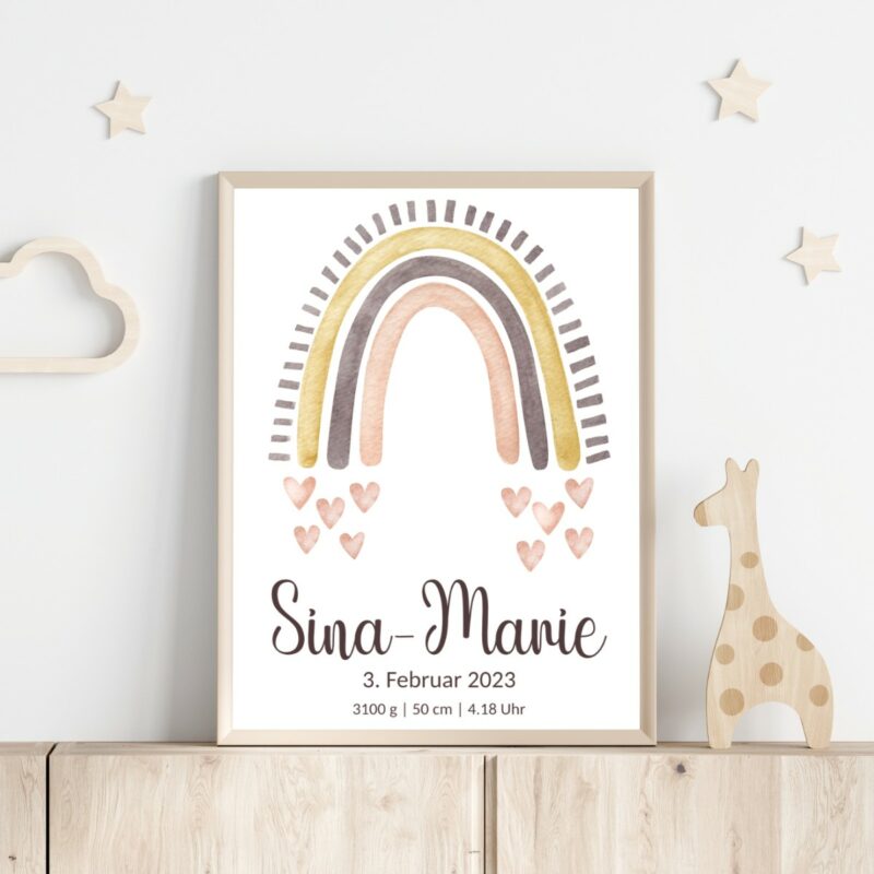Personalisiertes Geburtsposter | Regenbogen rose-braun