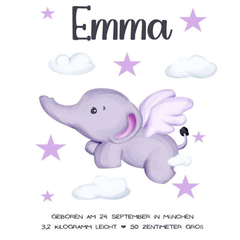 Personalisiertes Geburtsposter | Motiv Elefant – Bild 2