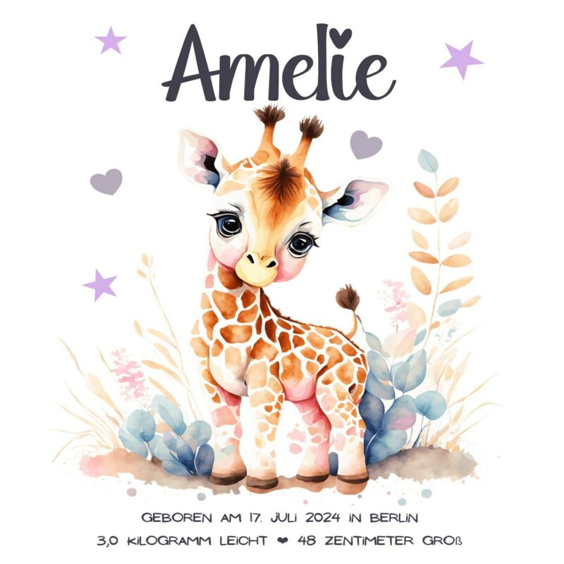 Personalisiertes Geburtsposter | Motiv Giraffe – Bild 2